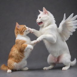 An angelic cat playing with a devilish dog in a playful manner, clearly displaying their contrasting characters.