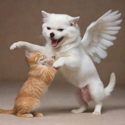 An angelic cat playing with a devilish dog in a playful manner, clearly displaying their contrasting characters.