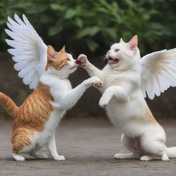 An angelic cat playing with a devilish dog in a playful manner, clearly displaying their contrasting characters.