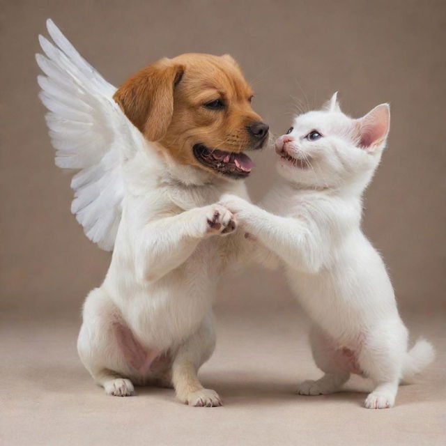 An angelic cat playing with a devilish dog in a playful manner, clearly displaying their contrasting characters.