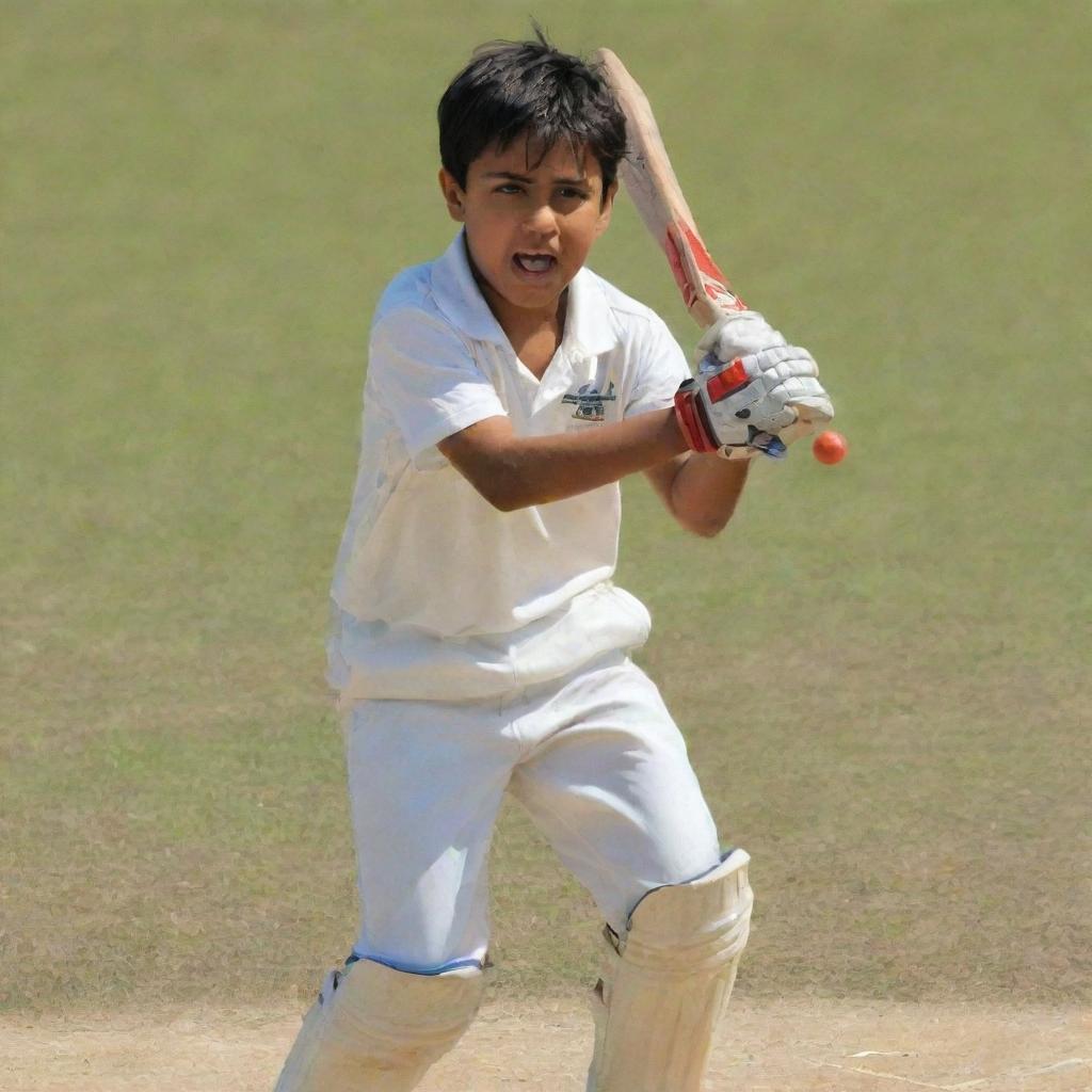 A young boy enthusiastically playing cricket on a sunny day. He is in mid-action, swinging the cricket bat with a determined look on his face.