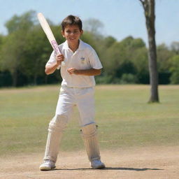 A young boy enthusiastically playing cricket on a sunny day. He is in mid-action, swinging the cricket bat with a determined look on his face.