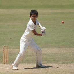 A young boy enthusiastically playing cricket on a sunny day. He is in mid-action, swinging the cricket bat with a determined look on his face.