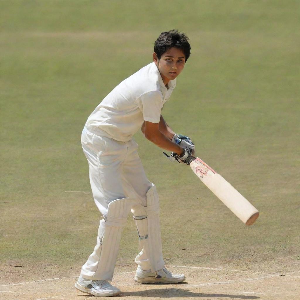 A young boy enthusiastically playing cricket on a sunny day. He is in mid-action, swinging the cricket bat with a determined look on his face.