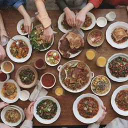 An image for the cover of a 'Gathering with Friends' cookbook, containing a joyful scenario of friends sharing a meal. The table is laden with dishes showcasing ripe, colorful food, without any text or writing.