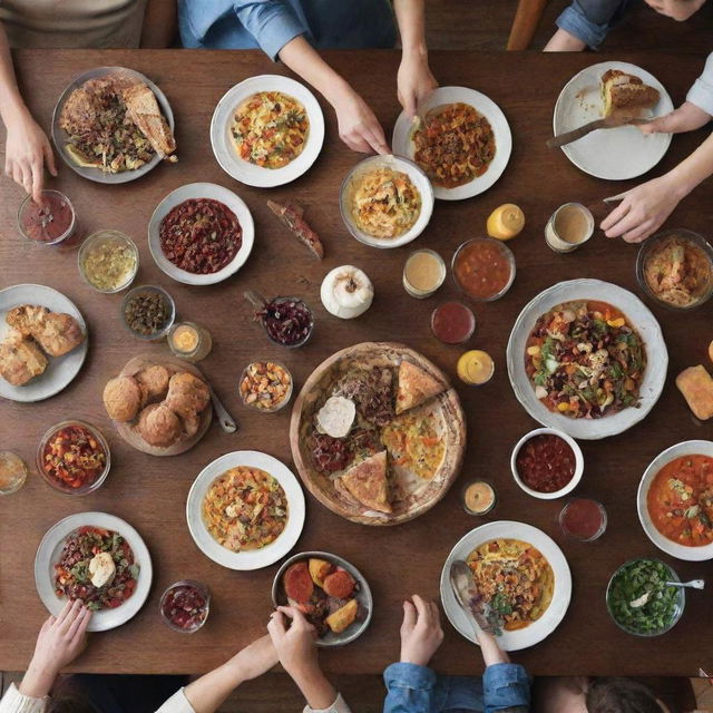 An image for the cover of a 'Gathering with Friends' cookbook, containing a joyful scenario of friends sharing a meal. The table is laden with dishes showcasing ripe, colorful food, without any text or writing.