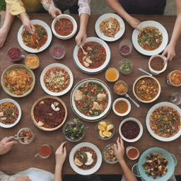 An image for the cover of a 'Gathering with Friends' cookbook, containing a joyful scenario of friends sharing a meal. The table is laden with dishes showcasing ripe, colorful food, without any text or writing.