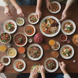 An image for the cover of a 'Gathering with Friends' cookbook, containing a joyful scenario of friends sharing a meal. The table is laden with dishes showcasing ripe, colorful food, without any text or writing.