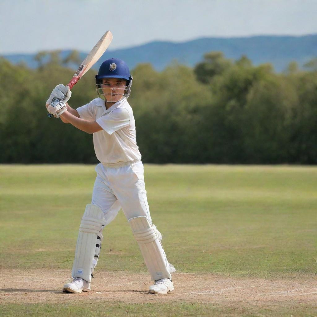 A young boy energetically playing cricket on a picturesque day. As he prepares to hit the ball with his bat, he exhibits sheer focus and determination.