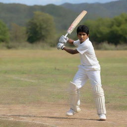 A young boy energetically playing cricket on a picturesque day. As he prepares to hit the ball with his bat, he exhibits sheer focus and determination.