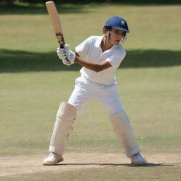 A young boy energetically playing cricket on a picturesque day. As he prepares to hit the ball with his bat, he exhibits sheer focus and determination.