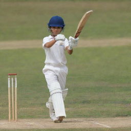 A young boy energetically playing cricket on a picturesque day. As he prepares to hit the ball with his bat, he exhibits sheer focus and determination.