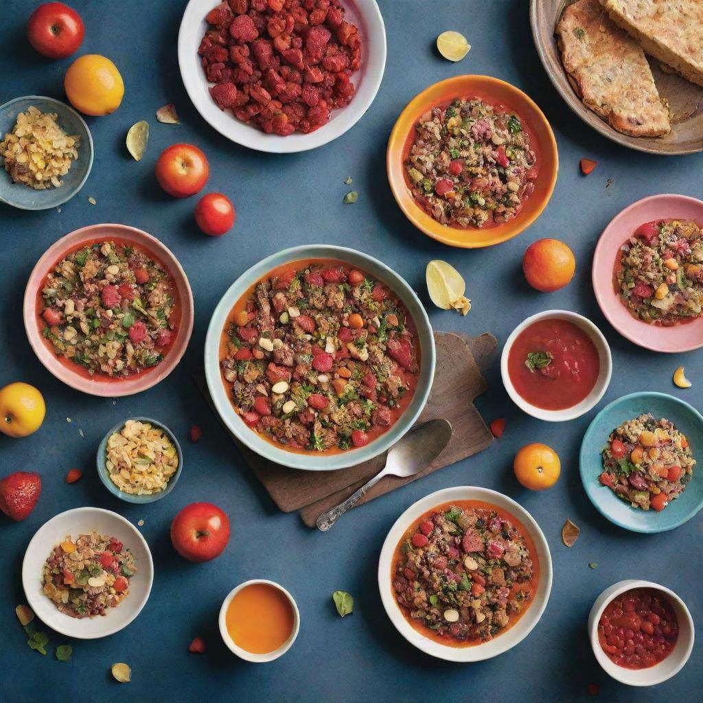 A silent cover design for 'Gathering with Fun Recipes' cookbook, displaying a vibrant, fun-filled table spread with colorful dishes made from ripe ingredients, with no text or writing.