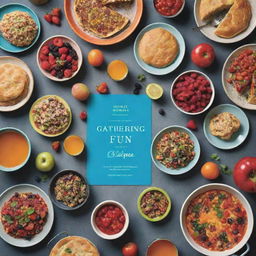 A silent cover design for 'Gathering with Fun Recipes' cookbook, displaying a vibrant, fun-filled table spread with colorful dishes made from ripe ingredients, with no text or writing.