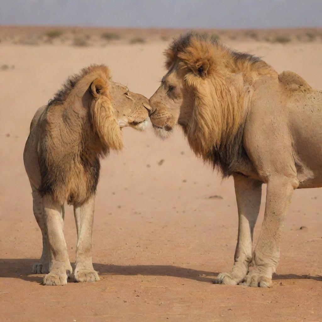 A tender scene of a lion gently interacting with a camel, fostering a sense of unusual yet touching camaraderie.