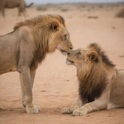 A tender scene of a lion gently interacting with a camel, fostering a sense of unusual yet touching camaraderie.