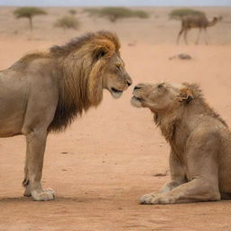 A tender scene of a lion gently interacting with a camel, fostering a sense of unusual yet touching camaraderie.