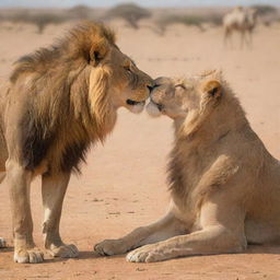 A tender scene of a lion gently interacting with a camel, fostering a sense of unusual yet touching camaraderie.