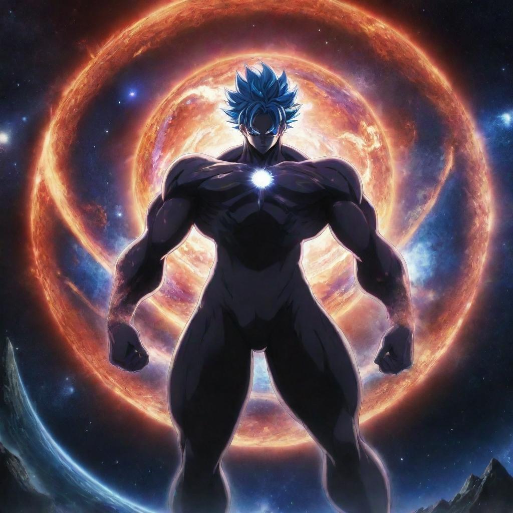 An anime character endowed with immense powers, on the brink of dismantling the cosmos. The scene captures the planet and universe fragmenting in a breathtaking display of his prowess.