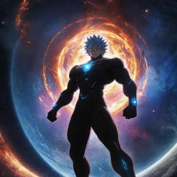 An anime character endowed with immense powers, on the brink of dismantling the cosmos. The scene captures the planet and universe fragmenting in a breathtaking display of his prowess.