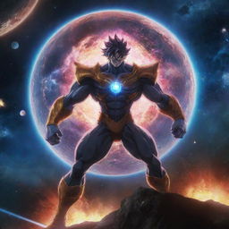 An anime character endowed with immense powers, on the brink of dismantling the cosmos. The scene captures the planet and universe fragmenting in a breathtaking display of his prowess.