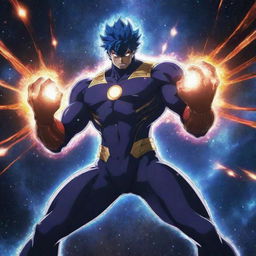 An anime character with lesser muscular definition, wielding immense powers. The scene depicts the cosmos right at the moment of shattering under the impact of his abilities.