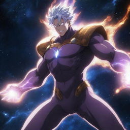 An anime character with lesser muscular definition, wielding immense powers. The scene depicts the cosmos right at the moment of shattering under the impact of his abilities.