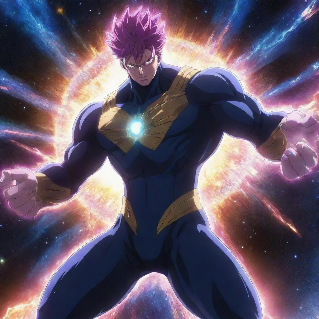 An anime character with lesser muscular definition, wielding immense powers. The scene depicts the cosmos right at the moment of shattering under the impact of his abilities.