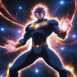 An anime character with lesser muscular definition, wielding immense powers. The scene depicts the cosmos right at the moment of shattering under the impact of his abilities.