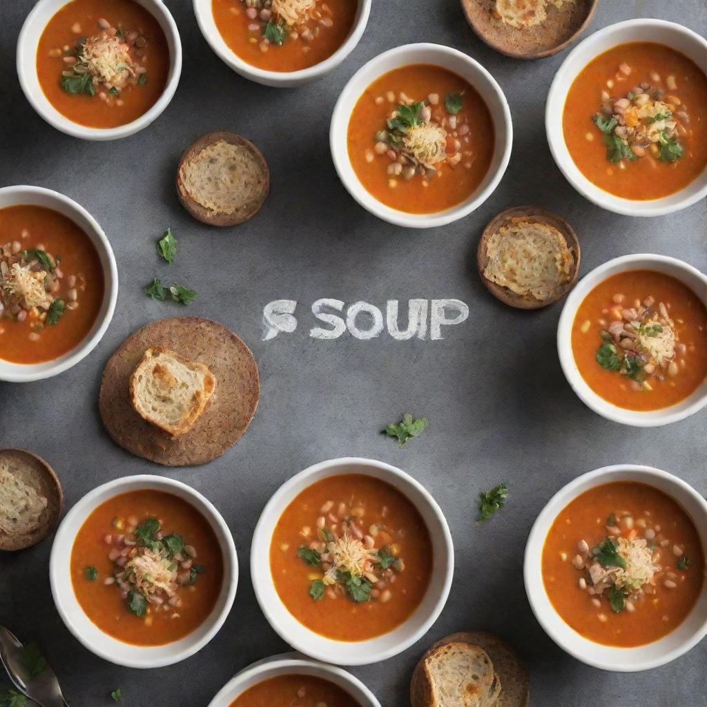 A wordless cover image for a 'Soup Cookbook', showcasing an array of hot, delicious soups served in bowls and fresh ingredients around, with no text or writing.