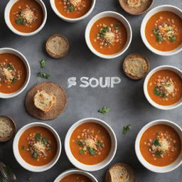 A wordless cover image for a 'Soup Cookbook', showcasing an array of hot, delicious soups served in bowls and fresh ingredients around, with no text or writing.