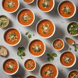 A wordless cover image for a 'Soup Cookbook', showcasing an array of hot, delicious soups served in bowls and fresh ingredients around, with no text or writing.