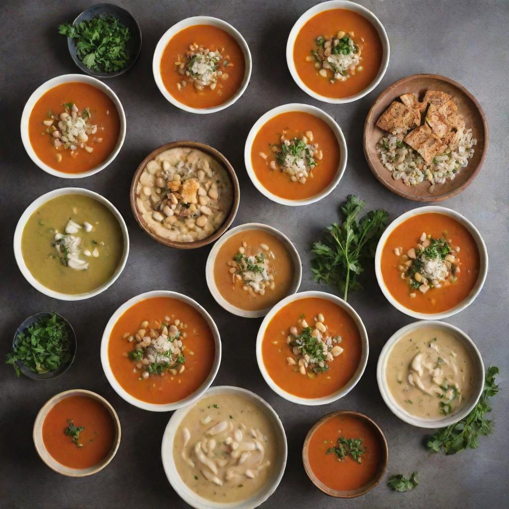 A wordless cover image for a 'Soup Cookbook', showcasing an array of hot, delicious soups served in bowls and fresh ingredients around, with no text or writing.