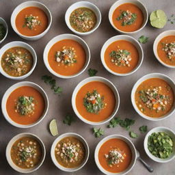 A wordless cover image for a 'Soup Cookbook', showcasing an array of hot, delicious soups served in bowls and fresh ingredients around, with no text or writing.