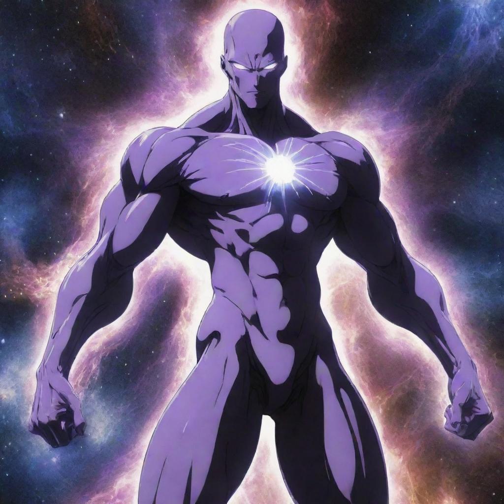 A lean anime character showcasing immense powers, causing the fracturing of the universe. The art signifies the juxtaposition of his slender physique with the colossal impact of his abilities.