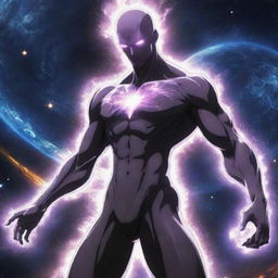 A lean anime character showcasing immense powers, causing the fracturing of the universe. The art signifies the juxtaposition of his slender physique with the colossal impact of his abilities.