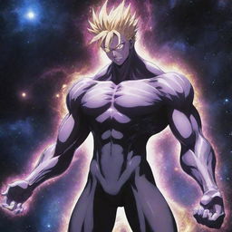 A lean anime character showcasing immense powers, causing the fracturing of the universe. The art signifies the juxtaposition of his slender physique with the colossal impact of his abilities.