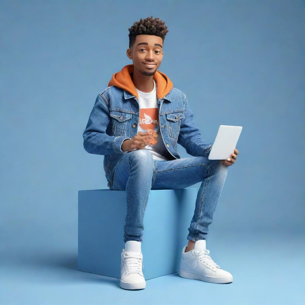 3D illustration of a contemporary animated character in jeans, jacket and sneakers sitting casually on a social media logo. The background is a detailed social media profile page with a username and a profile picture that complements the character.