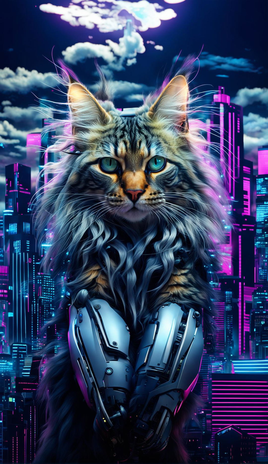 A hyperrealistic photograph of a techno-organic Maine Coon cat in a cityscape illuminated by neon lights.