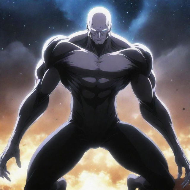 No muscle, highly powered anime character observed in the act of making the universe break apart. The scene emphasizes the character's paradoxical slender frame and his tremendous abilities.