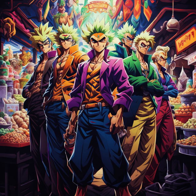 This is a vibrant digital art piece featuring characters from JoJo's Bizarre Adventure set in a bustling marketplace