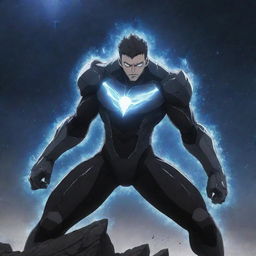 A non-muscular, high-power anime character on the precipice of shattering the universe. The emphasis is on the stark contrast between the character's slight frame and the magnitude of his abilities.