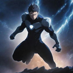 A non-muscular, high-power anime character on the precipice of shattering the universe. The emphasis is on the stark contrast between the character's slight frame and the magnitude of his abilities.