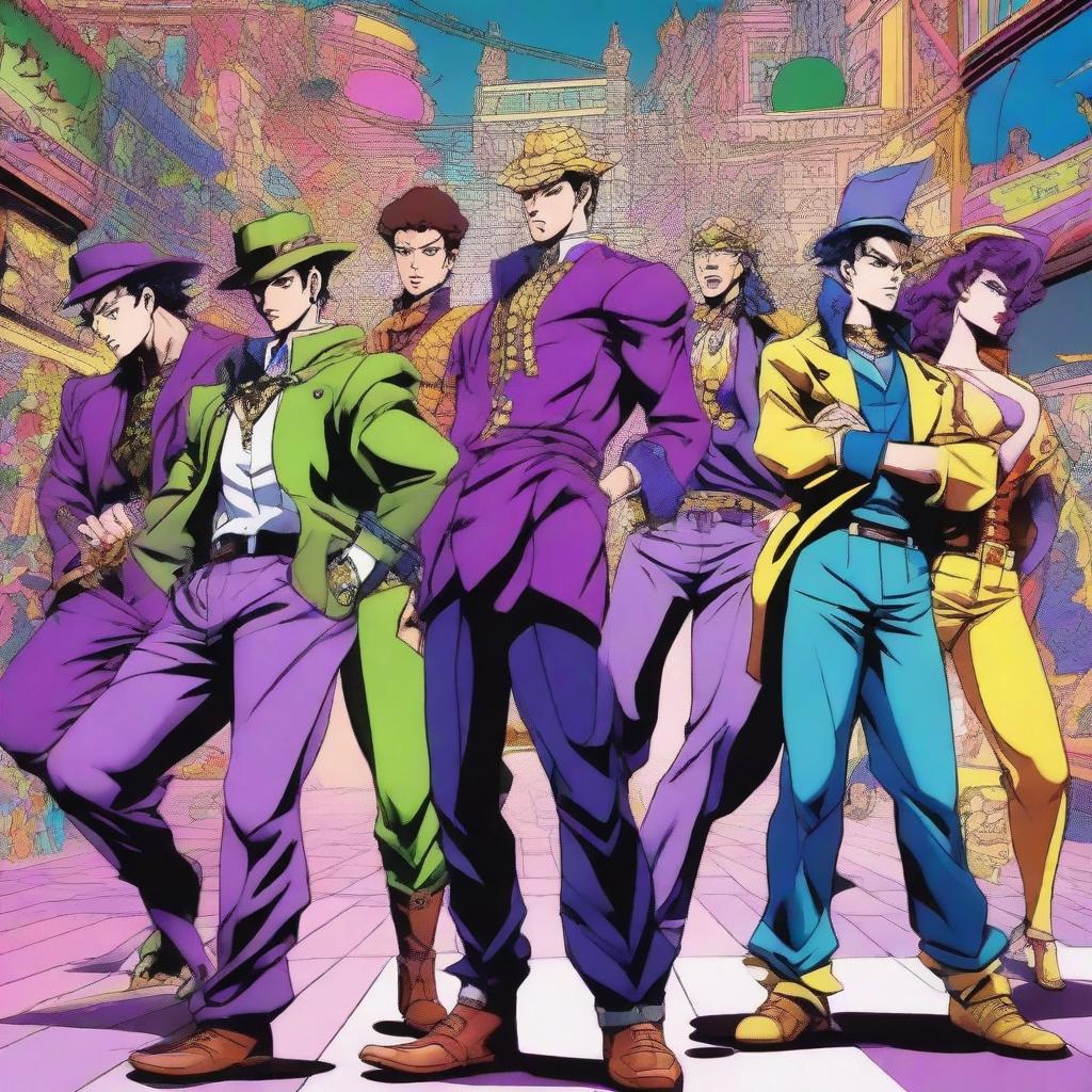 A vibrant, high-quality digital art piece that captures the essence of JoJo's Bizarre Adventure