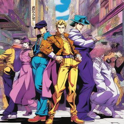 A vibrant, high-quality digital art piece that captures the essence of JoJo's Bizarre Adventure