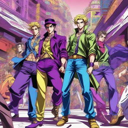 A vibrant, high-quality digital art piece that captures the essence of JoJo's Bizarre Adventure