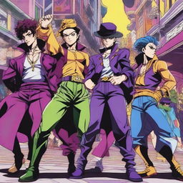 A vibrant, high-quality digital art piece that captures the essence of JoJo's Bizarre Adventure