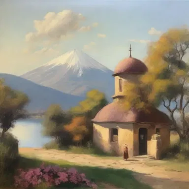 The artist painted a beautiful landscape with a dome-shaped roof in the background.