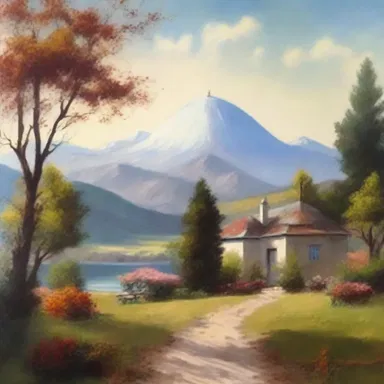 The artist painted a beautiful landscape with a dome-shaped roof in the background.