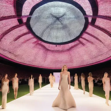 The fashion show was held in a stunning domed stadium, with models strutting down the runway beneath the shimmering lights.